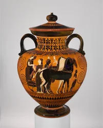 Terrakotta-Halsamphore mit Deckel und Knauf